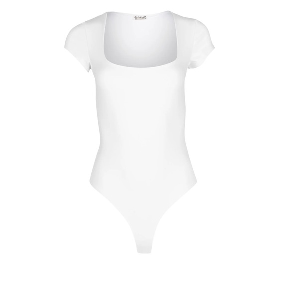 Free People Short Sleeved Square Eyes White Stretchy Bodysuit - Picture 2 of 11
